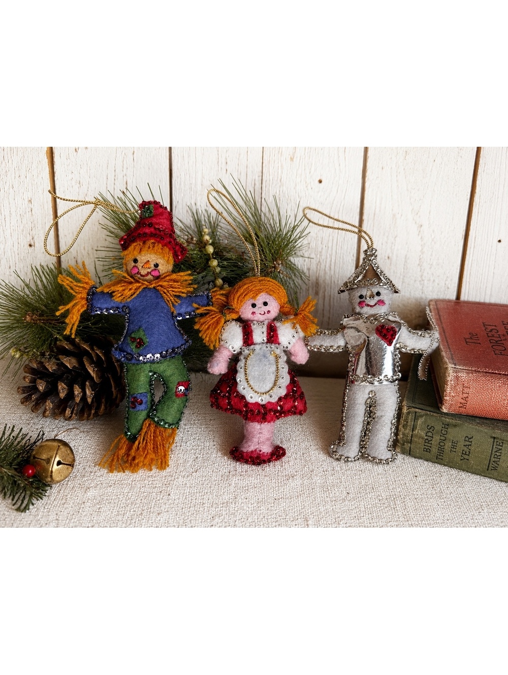 Vintage Felt Wizard of Oz Ornament Set Scarecrow Dorothy Tin Man Christmas Decor